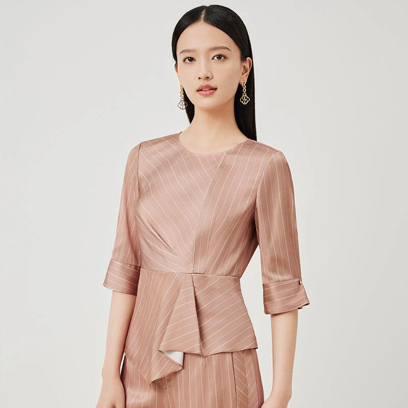 专柜同款不对称拼接通勤小衫圆领条纹醋酸上衣ZD00710