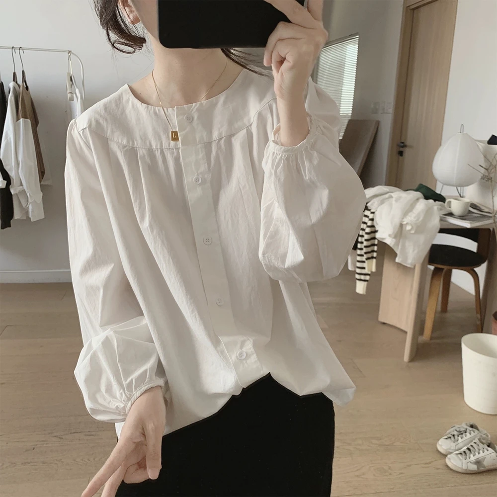 泡泡袖纯棉宽松圆领九分袖减龄衬衫女2025早秋薄款休闲百搭上衣潮