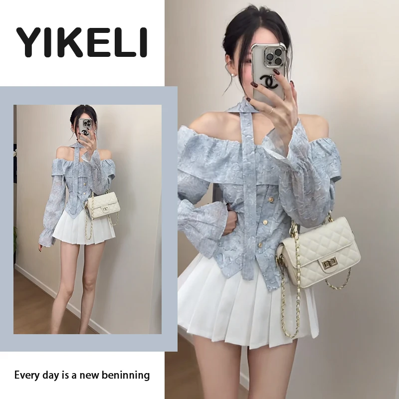 春季甜辣一整套穿搭女2025新款韩版一字肩挂脖上衣百褶裙两件套装