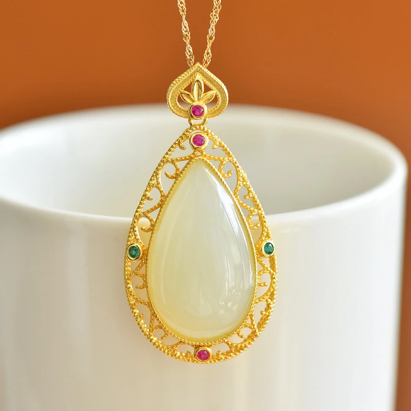 S925银镶嵌天然和田玉水滴吊坠3362不含链