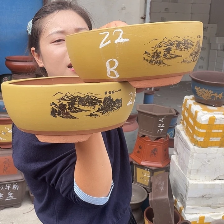 黄色江山如画小一对花盆紫砂花盆
