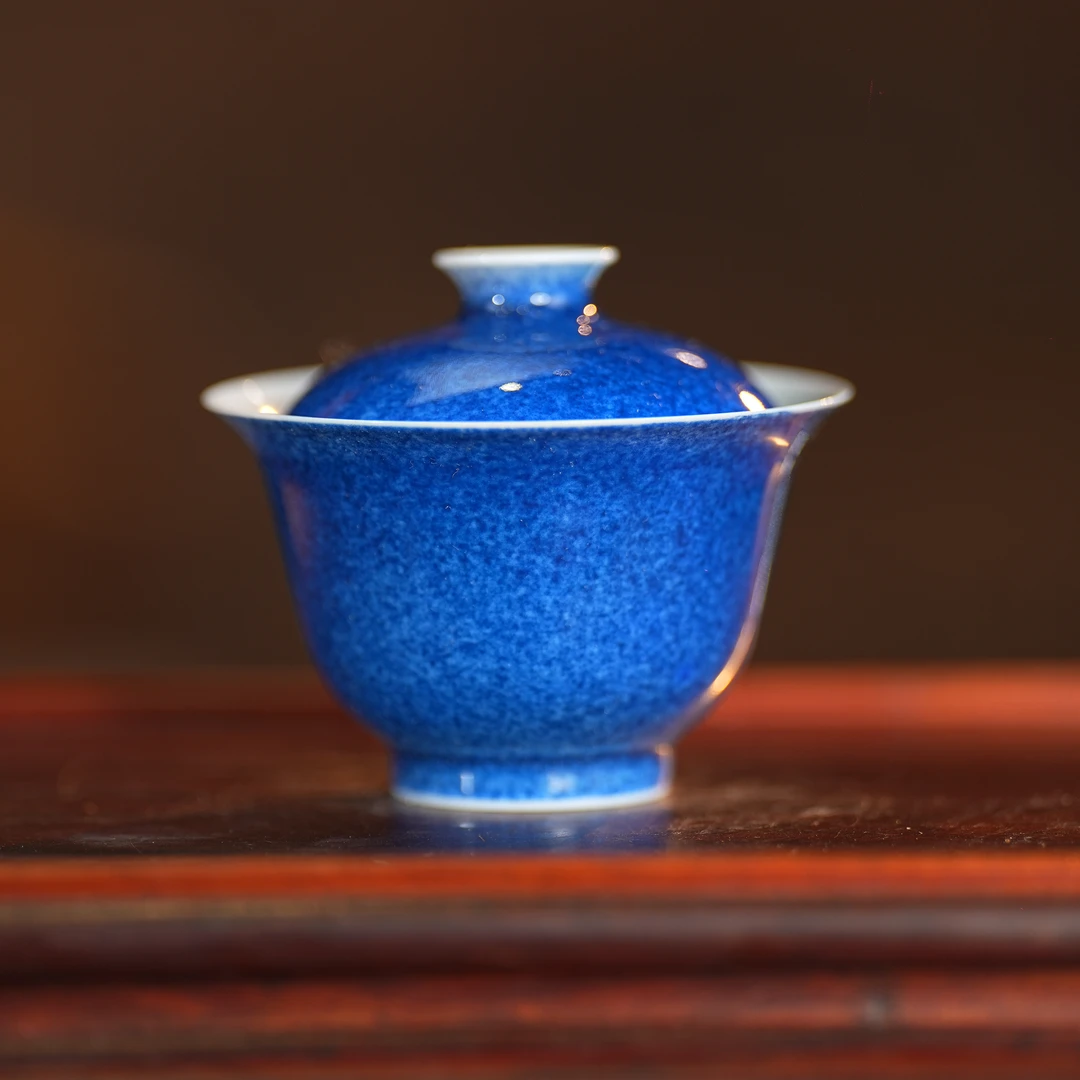 镇窑1728丨薄胎洒蓝花神盖碗 110ML景德镇瓷器纯手工手绘茶杯茶具