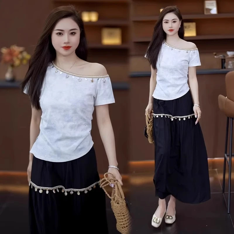 时尚套装裙女夏季新款设计感短袖t恤上衣流苏半身裙子气质两件套