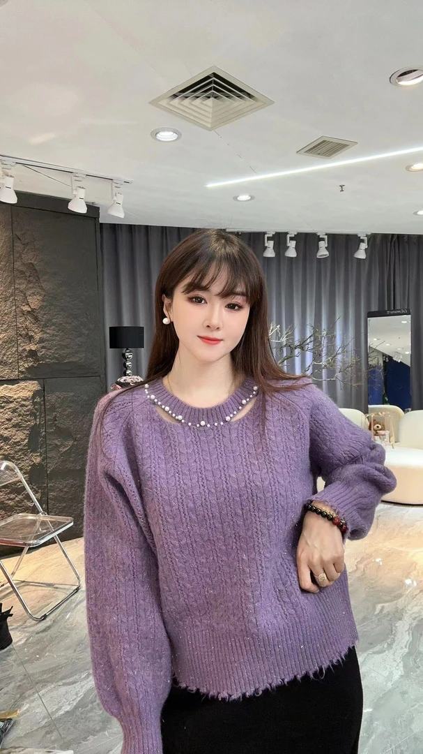 小凉家0743潮流韩系小香风重工小珍珠设计感显瘦毛衣带金丝上衣女