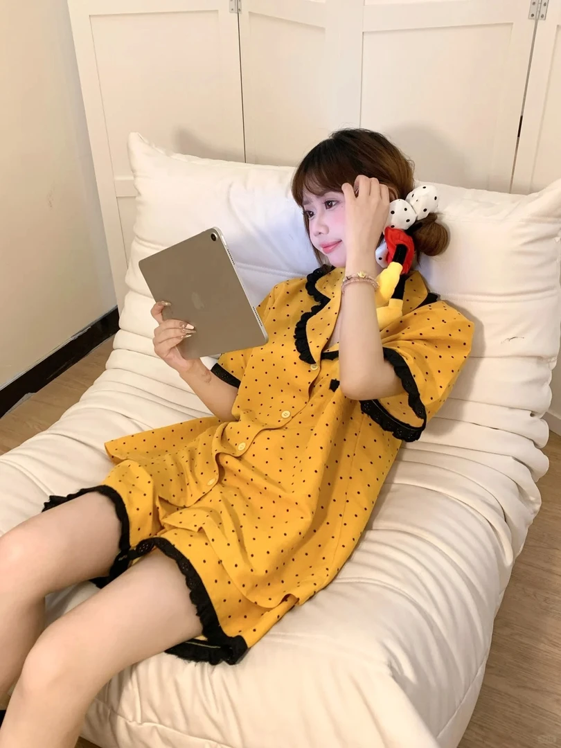 【黄色波点】甜美显白蕾丝云朵棉睡衣女夏季新款短袖短裤套装家居服