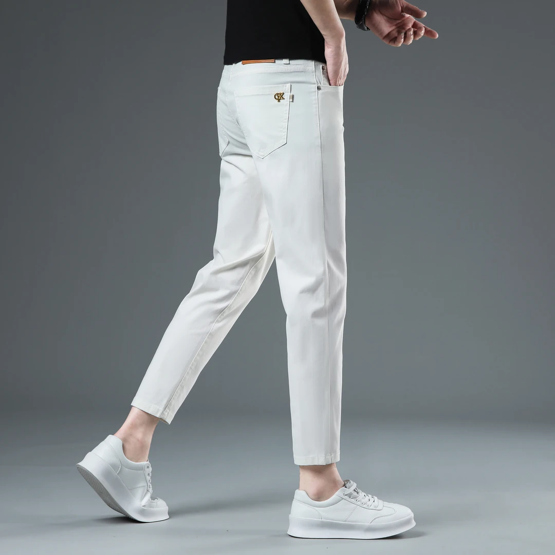 白色牛仔裤男款修身小脚爆款2025新款夏季薄款高端弹力休闲九分裤