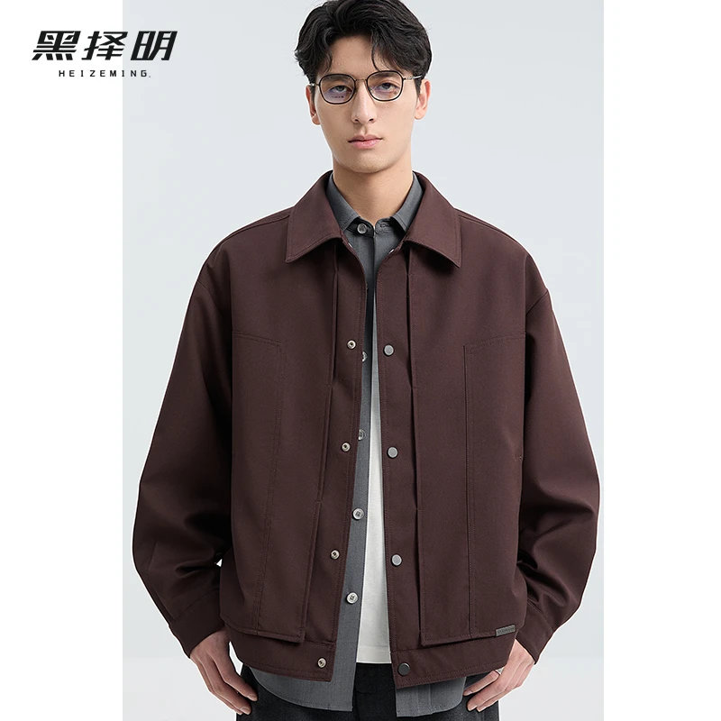 黑择明男士早春外套高级感翻领夹克通勤休闲宽松外套HAC1J25002