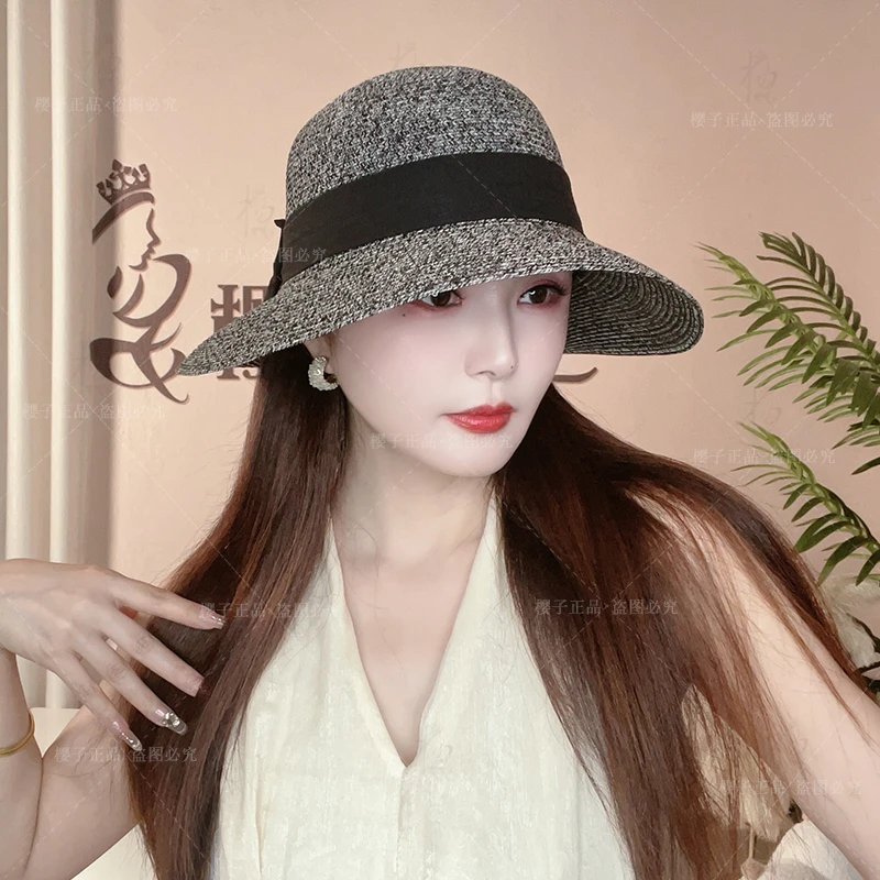 [出口订单混色双编高端草帽]夏优雅蝴蝶大檐出游遮阳防紫外渔夫帽