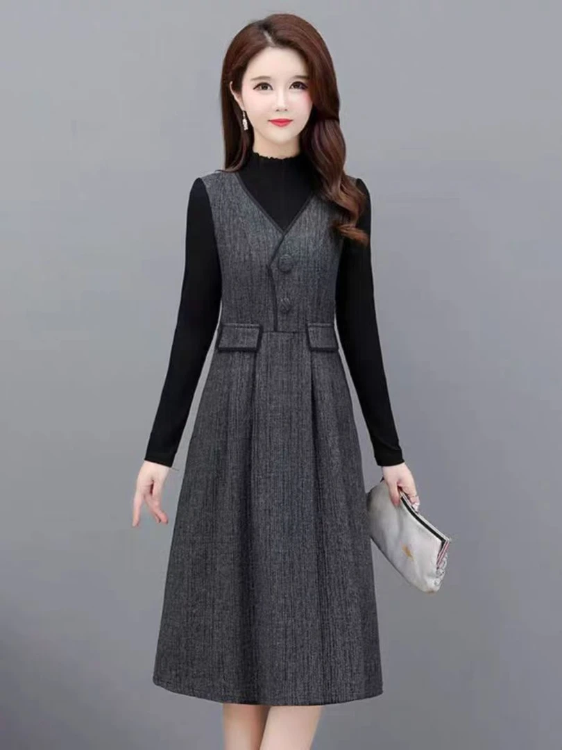 灰色假两件25606连衣裙女2025秋季新款高档中长款裙子韩版