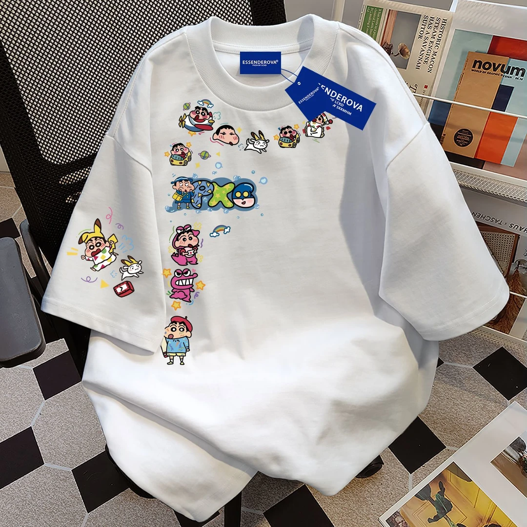 100%纯棉2025新款卡通印花圆领女短袖宽松t恤夏季百搭上衣情侣款