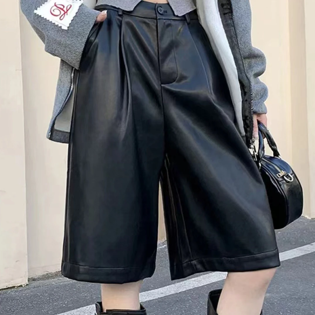 【月姐家】大码皮尤短裤女秋冬外穿高腰a字宽松显瘦阔腿五分裤