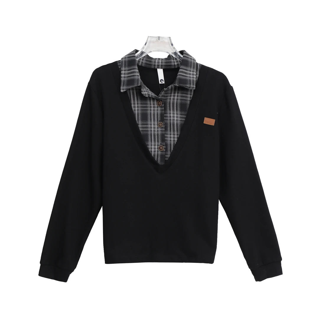 新款假两件设计感POLO领学院风减龄气质上衣S4811