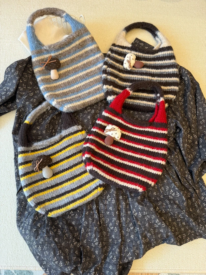 ❤nico韩系复古小蘑菇包包单肩手拎大容量收纳包可爱森系条纹休闲