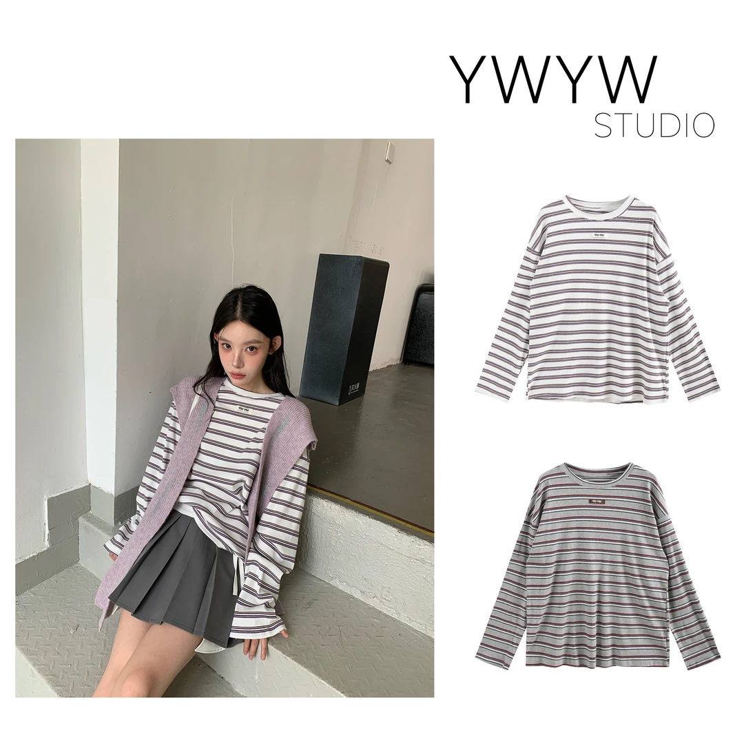 【福利款NO退换】原创字母领标螺纹圆领宽松条纹百搭长袖卫衣5372