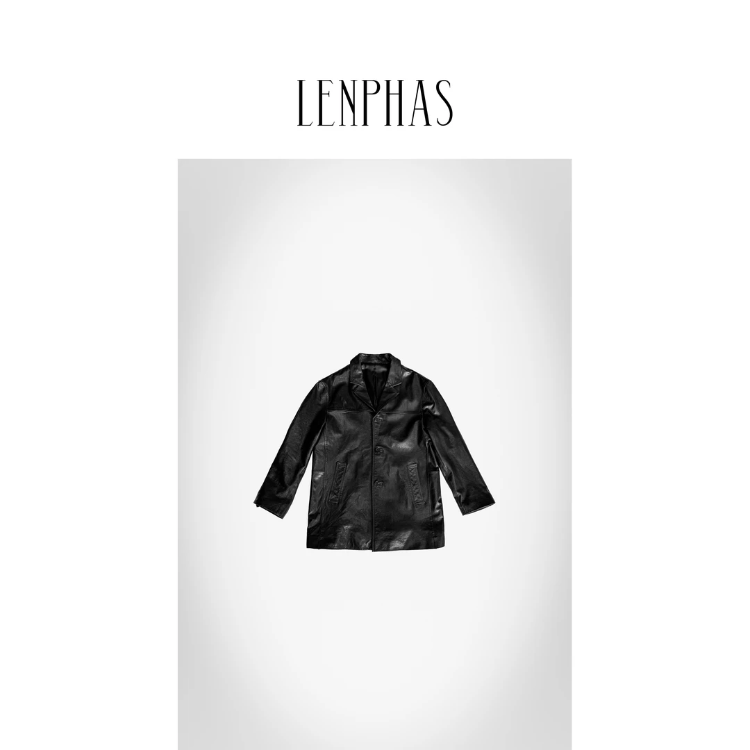 【LENPHAS】黑色廓形拼接式皮衣外套