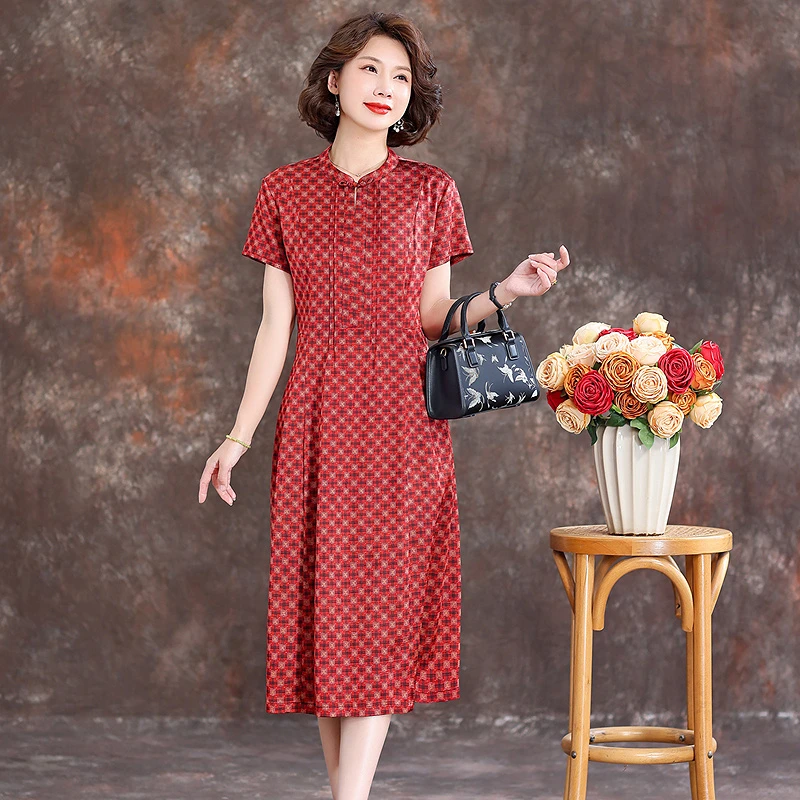 齐黛品牌真丝桑蚕丝连衣裙国际大牌2025新款中长款妈妈改良旗袍裙