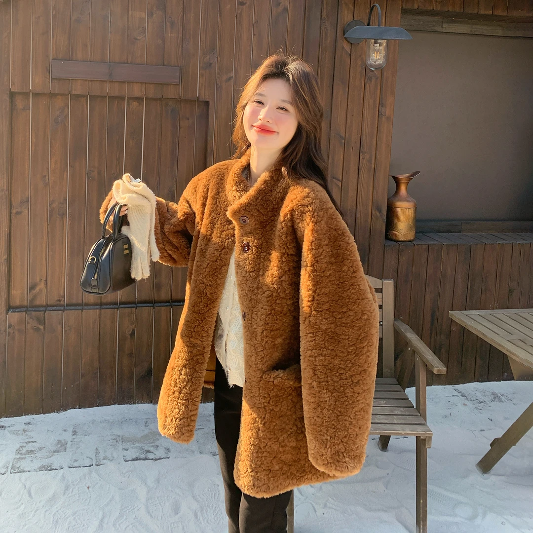 韩系冬季毛茸茸羊羔毛短外套女2025新款氛围感加厚美拉德气质棉服