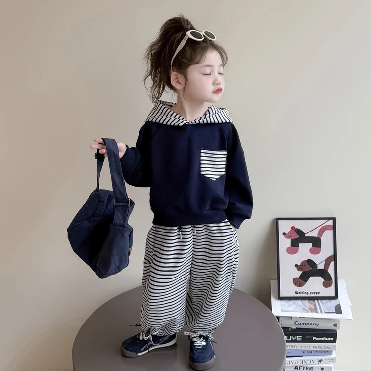 女童秋款条纹连帽卫衣套装2025新款秋装儿童运动休闲两件套衣服潮