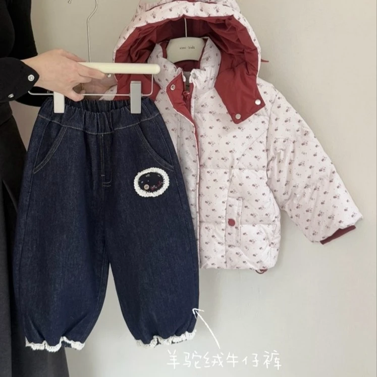 女童冬季羊驼绒加厚深色束脚牛仔裤百搭净版贴布牛仔