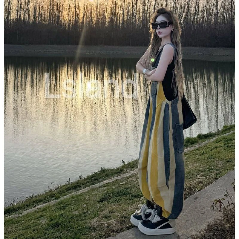 韩系百搭显瘦拼色背带裤女欧洲站2025夏季新款时尚减龄高腰长裤潮