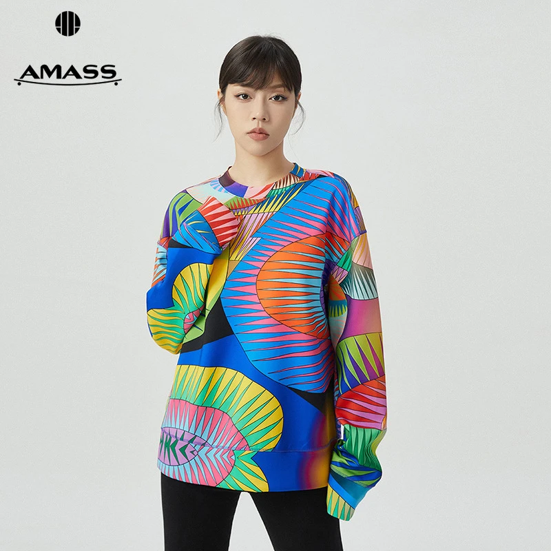 阿玛施AMASS新款女装质感圆领彩色七巧板长袖宽松休闲卫衣5300746