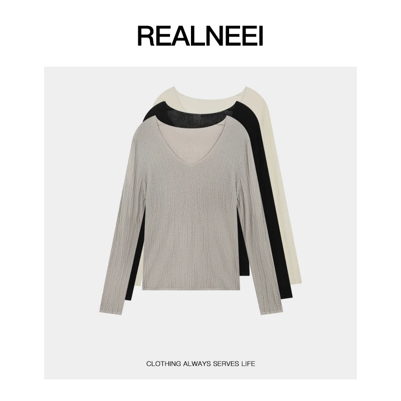 REALNEEI【慵懒叙事】极简风松弛感莱赛尔显瘦肌理感V领罩衫01084