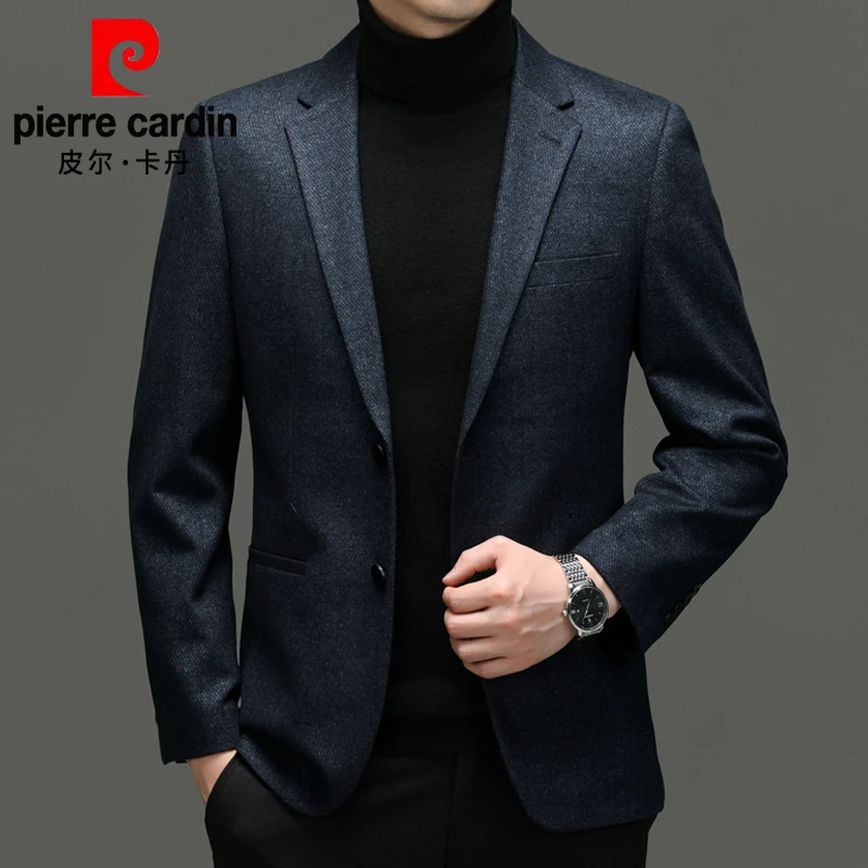 皮尔卡丹西服男士外套新款高档提花青年时尚休闲商务西装上衣