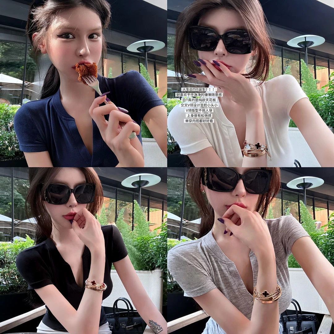 新款简约基础女T恤纯色百搭修身显瘦半开领V字领