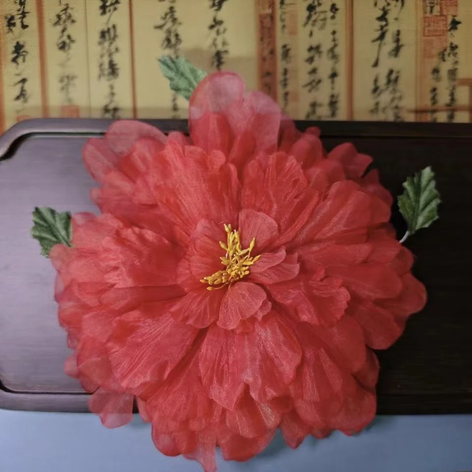 【云鬓花颜阁烫花发夹】红牡丹爆款新中式汉服手工烫花古风发饰B235