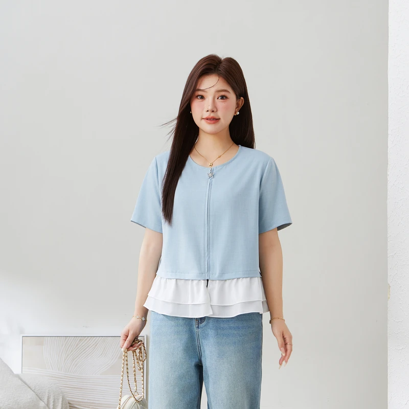 采多宝大码女装简约荷叶边拼接百搭减龄夏日漂亮蓝色小衫 EXA5231