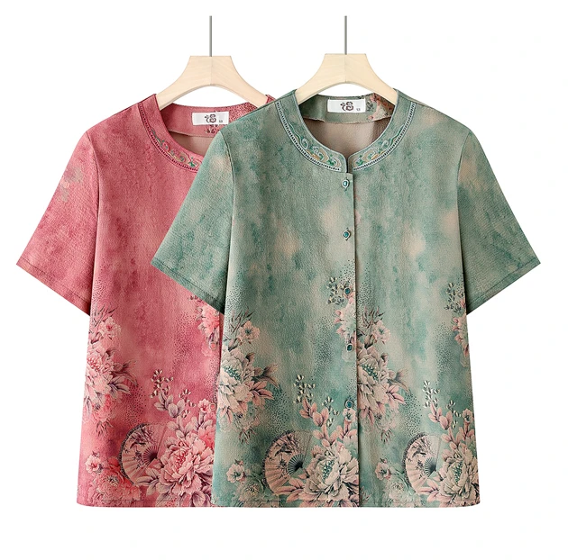 中老年夏装衬衫新中式绣花妈妈妈妈上衣女大码薄款时尚显瘦小衫