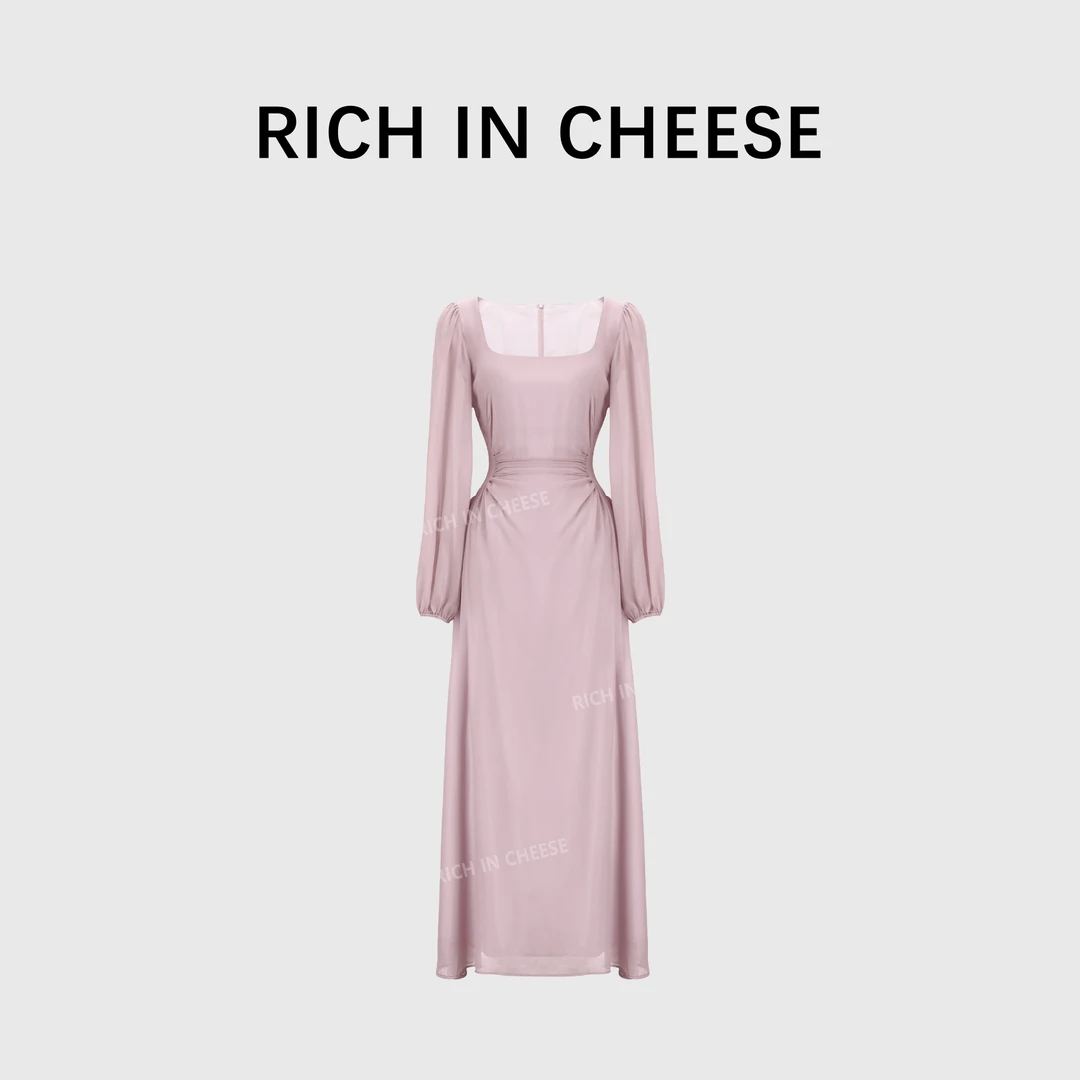 RICHINCHEESE 晨雾柔紫 方领蚂蚁腰收腰设计感雪纺长袖收腰连衣裙