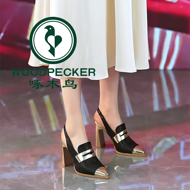 啄木鸟国潮风刺绣宴会尖头高跟鞋女2025夏季新款时尚粗跟包头凉鞋