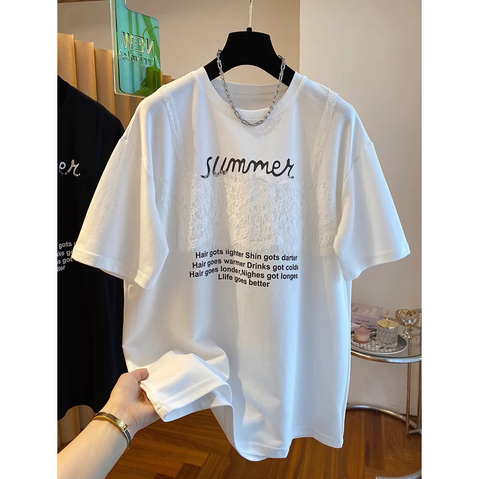 胖妹妹240斤大码高级感蕾丝吊带假两件t恤女短袖夏季新款宽松上衣