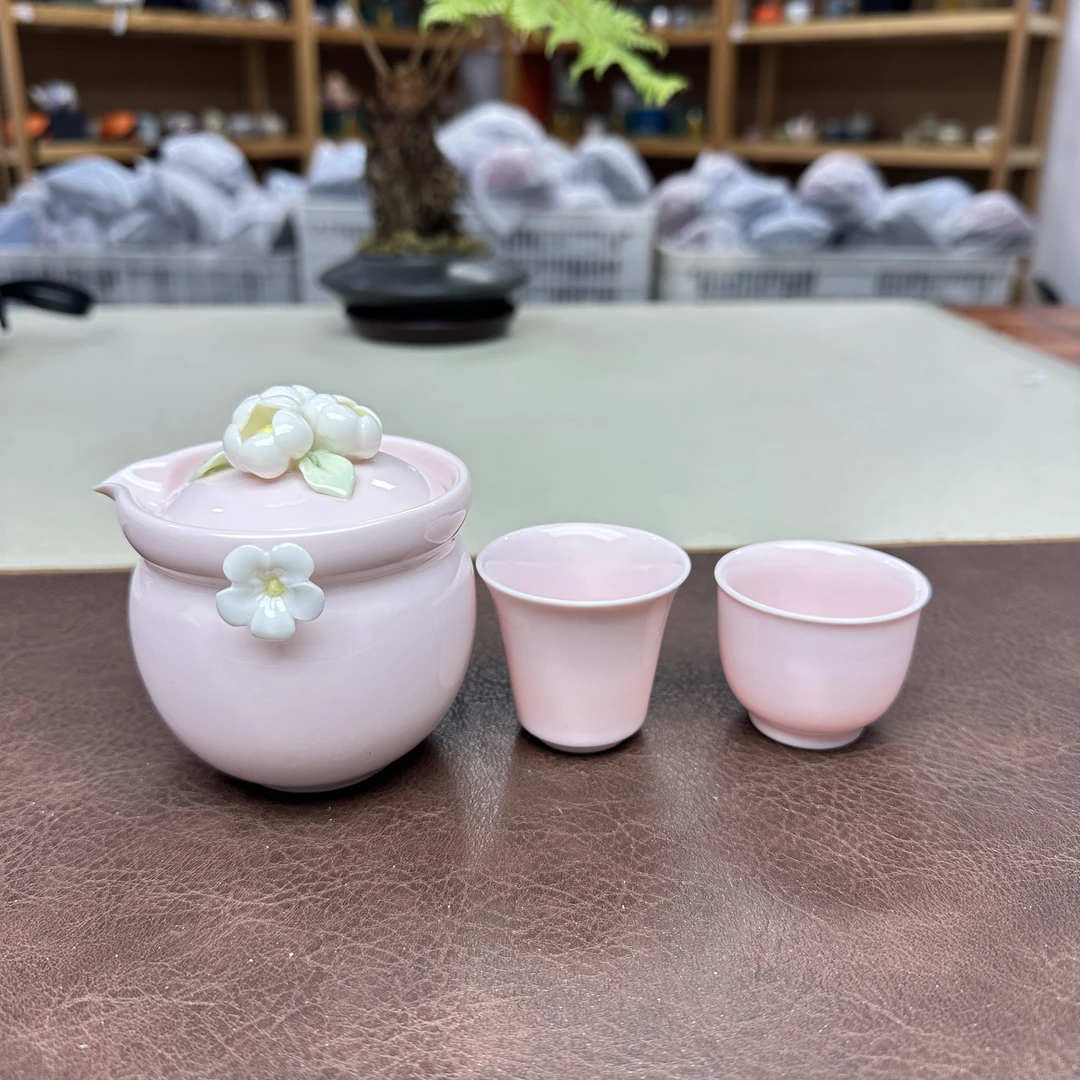 【闪购商品】手工捏花旅行茶具套装陶瓷快客杯一壶二杯便携式户外泡