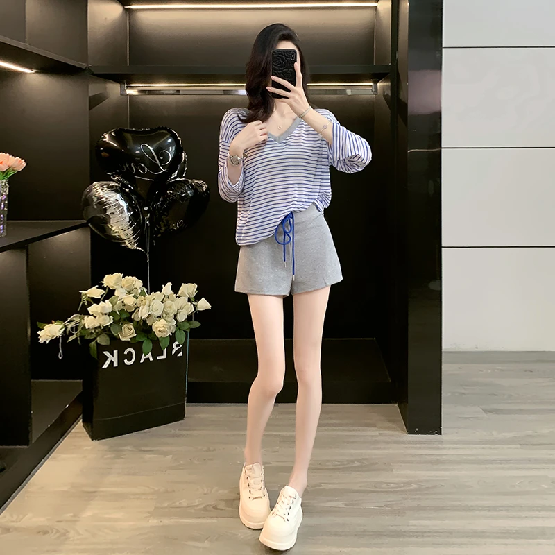 薄款森系长袖V领防晒衫休闲短裤时尚套装慵懒风简约显瘦减龄女潮