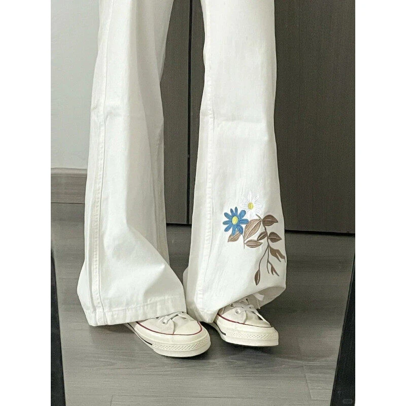 白色刺绣美式牛仔裤男春夏季痞帅高级感直筒宽松hiphop休闲长裤子