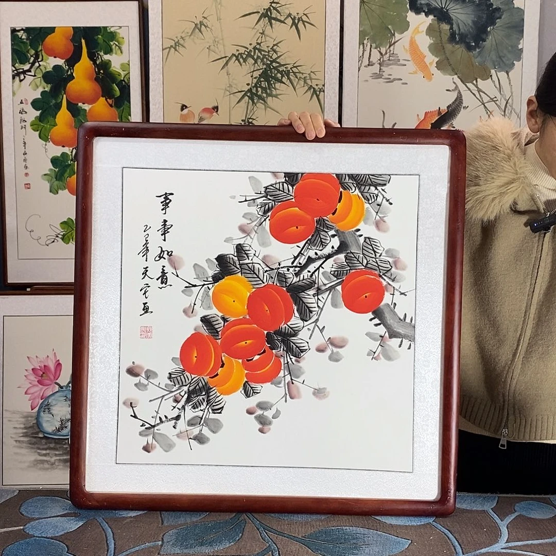国画手写手绘国画作品带框包邮62✖️62