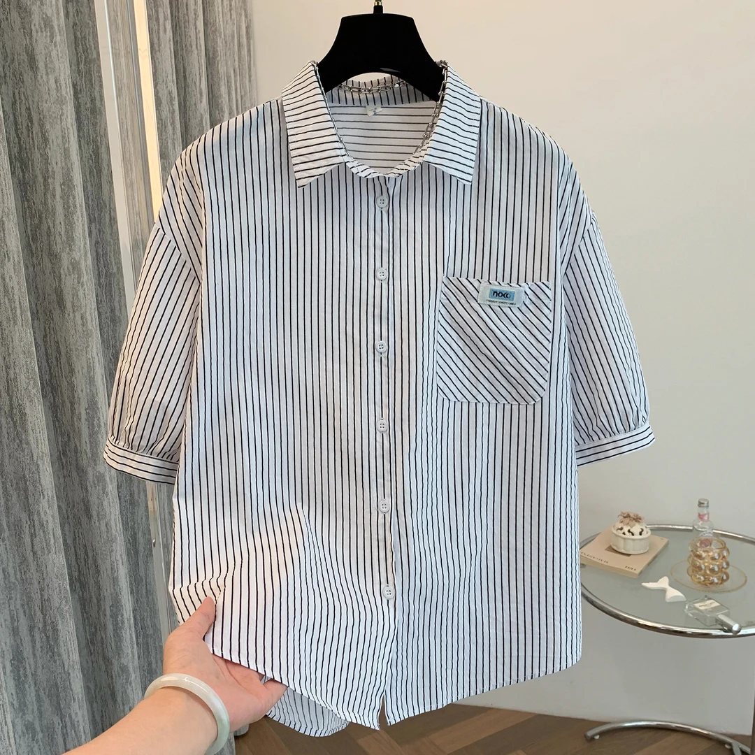 个性时髦慵懒休闲风夏季宽松显瘦细条纹女士衬衫潮流经典短袖上衣