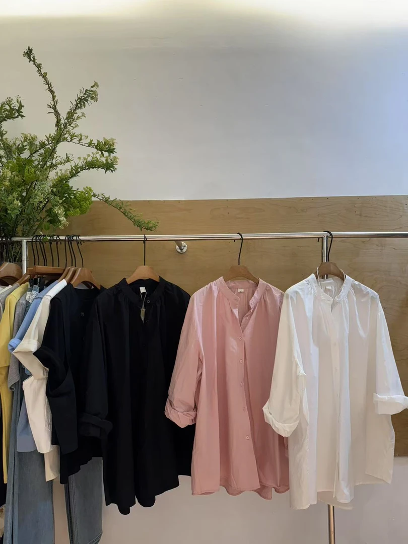 水原家 大码极简圆领单排扣宽松中长款衬衫927