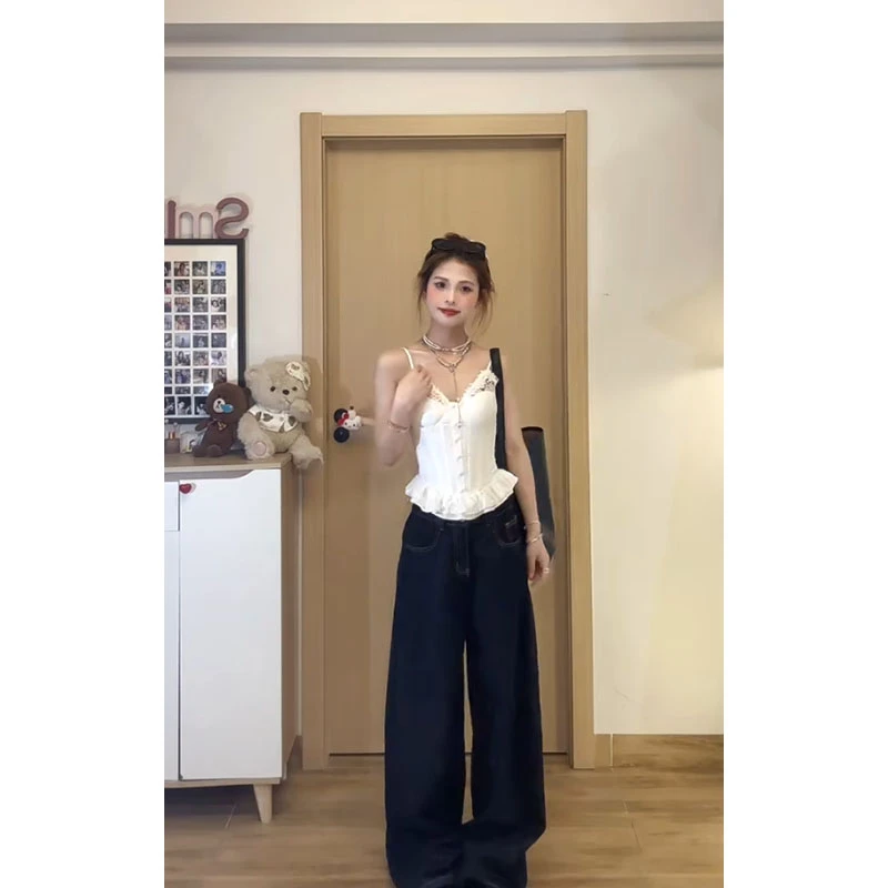 辣妹纯欲休闲设计感小众鱼骨V领吊带背心外穿高腰直筒垂感阔腿裤