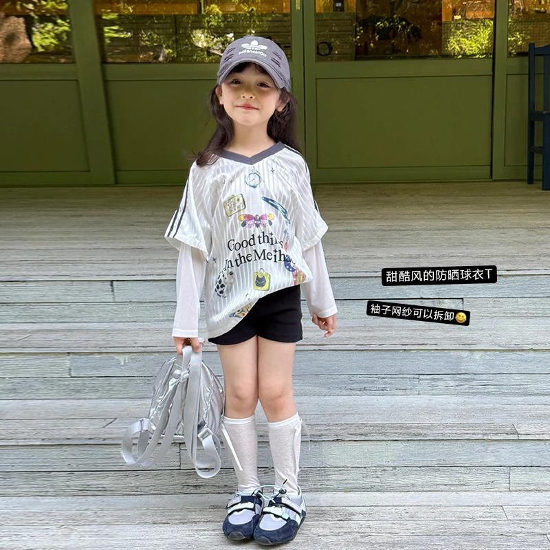 SKC2598女大童韩版卡通短袖T恤夏装新款女童V领休闲宽松上衣潮