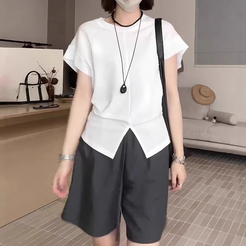 不规则开叉黑色短袖T恤夏季薄款胖MM大码女装显瘦设计感掐腰上衣