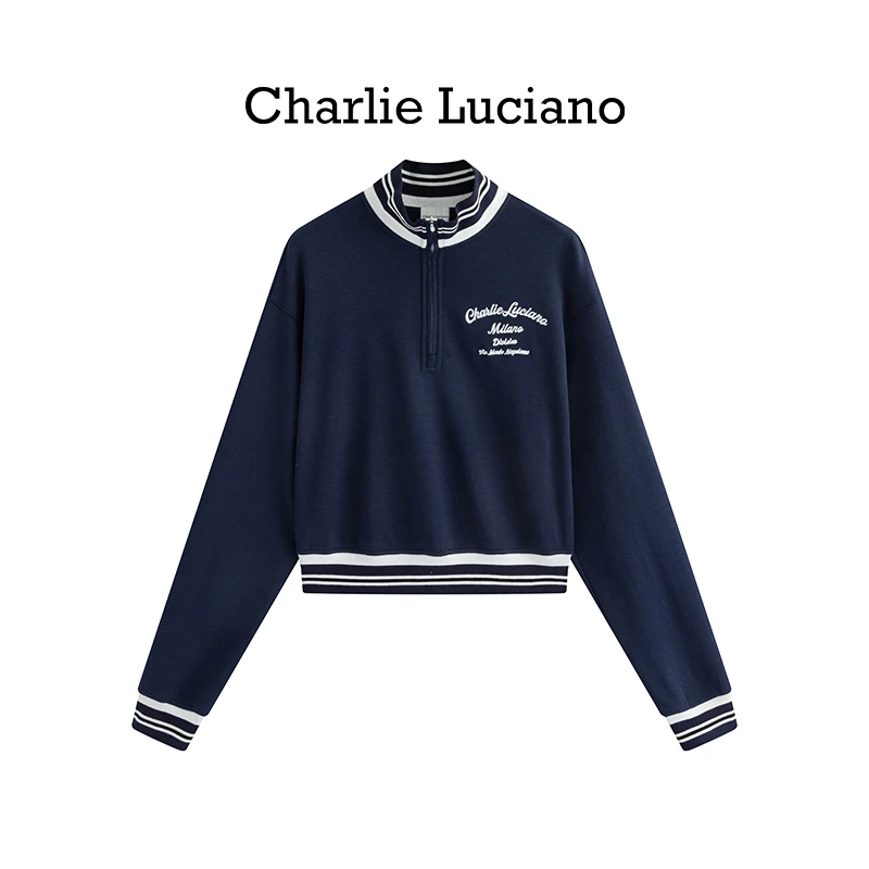 Charlie Luciano美式复古polo女早秋季拼接短款露脐上衣