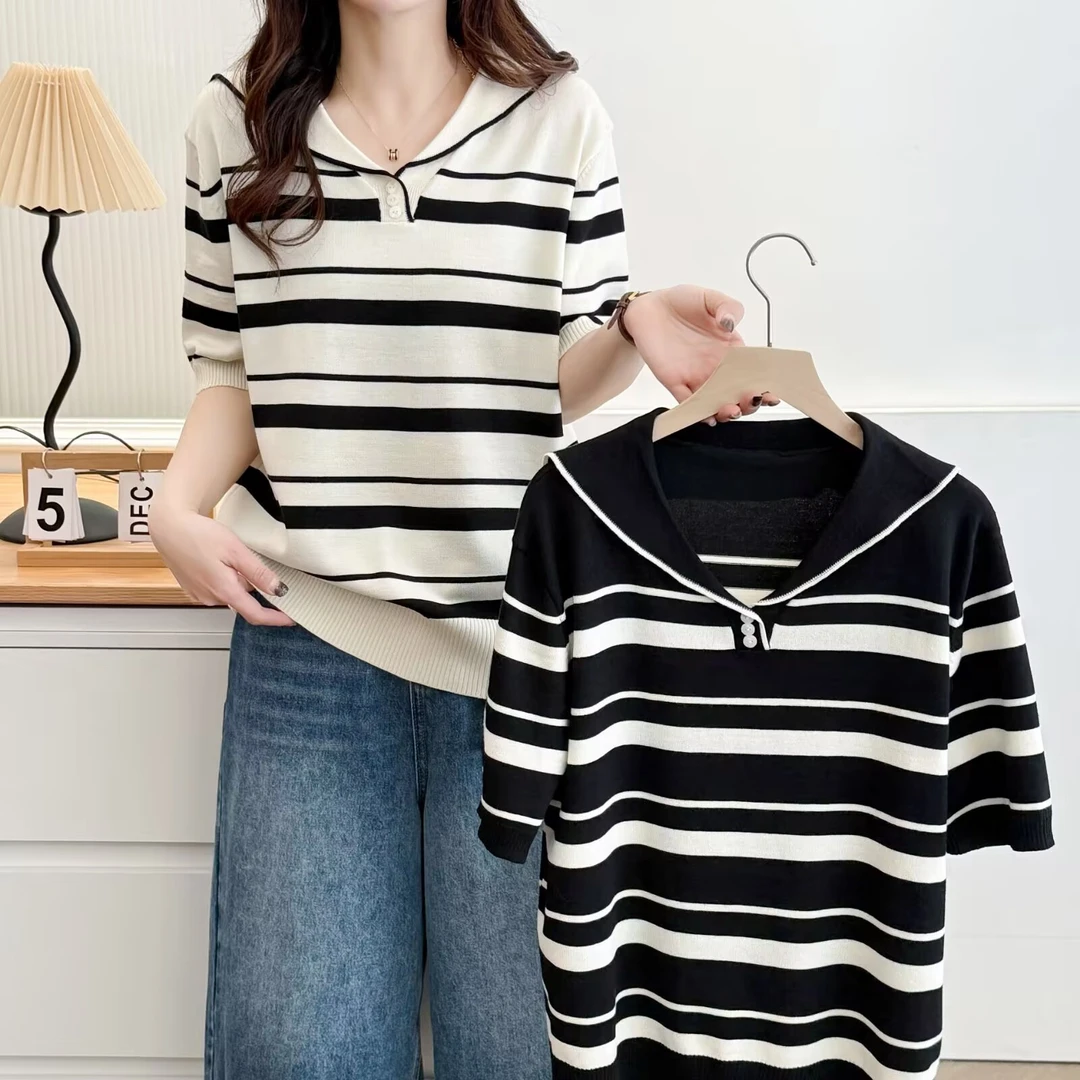 梦冬佳--110-190斤大码女装胖mm显瘦薄款短袖针织衫条纹半袖上衣