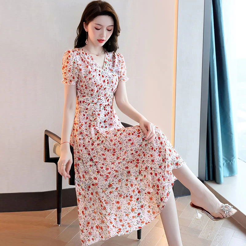 雪纺连衣裙女夏季2022年新款韩版女装高端遮肚显瘦碎花碎花裙子潮