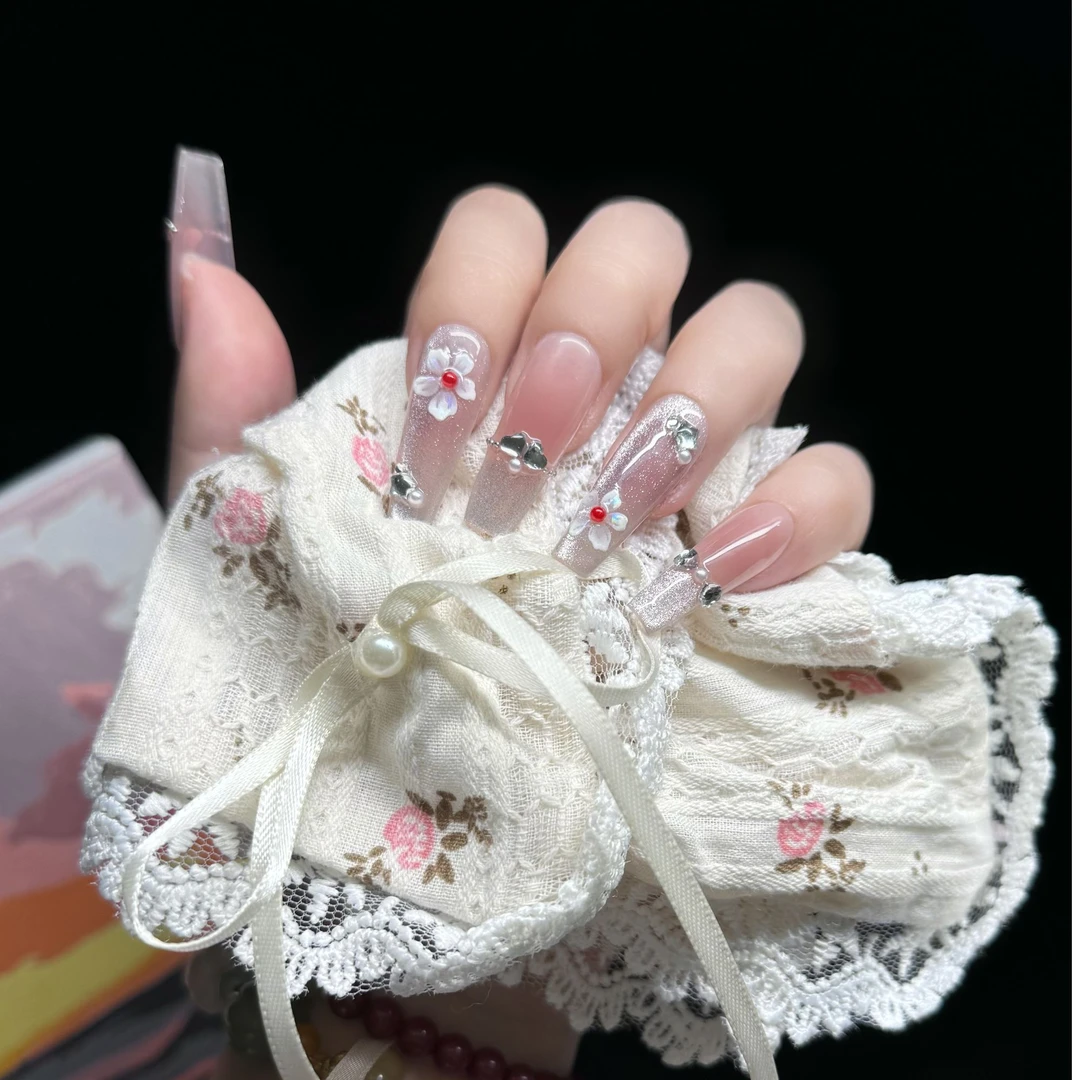 Y015· 渐变猫眼裸色美甲中长款碎钻高级感显白纯手工穿戴甲