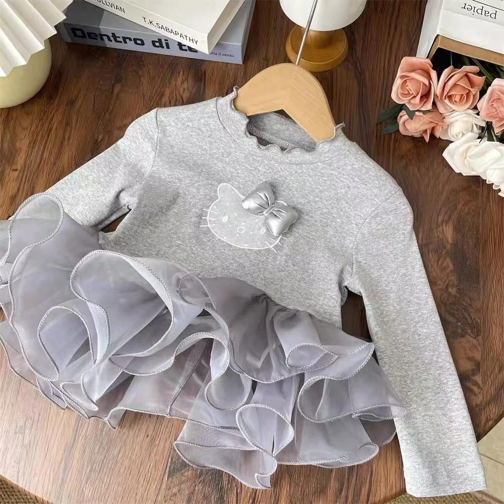 女童新款秋季长袖公主风网纱拼接KT卡通可爱洋气打底百搭韩版甜美