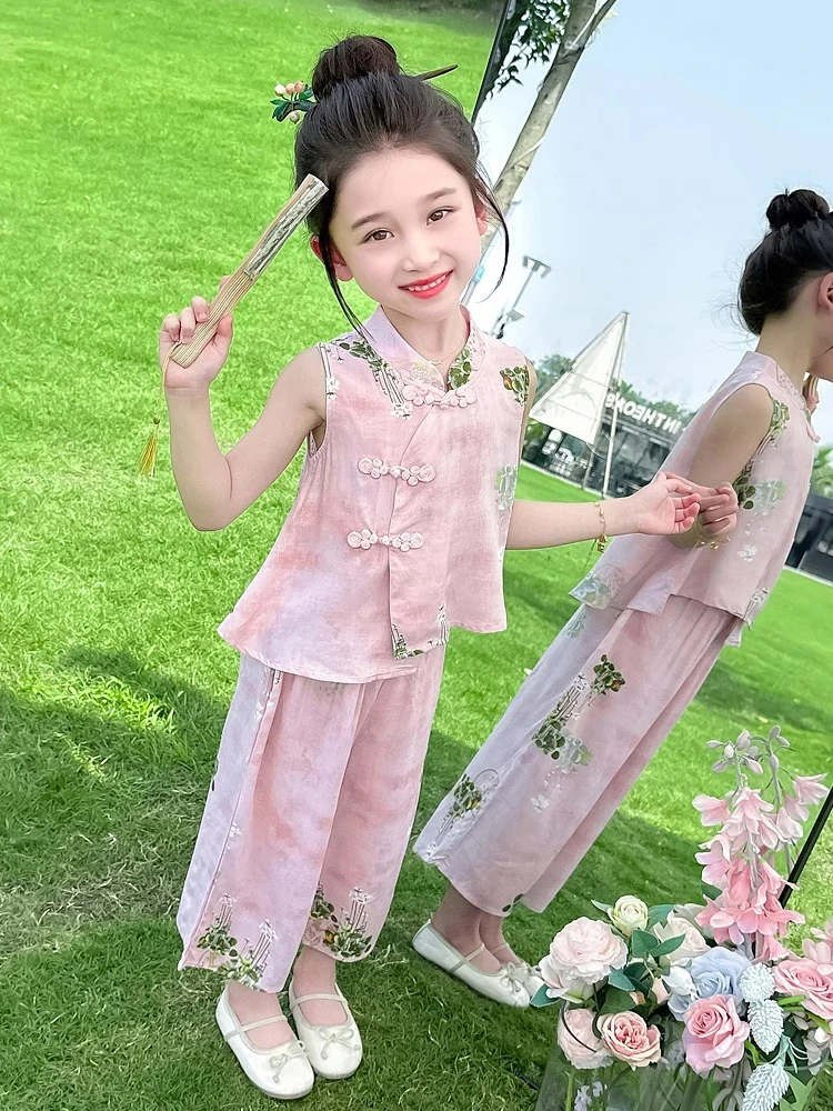 女童套装夏季2025新款洋气儿童夏装国风背心薄款宝宝新中式两件套