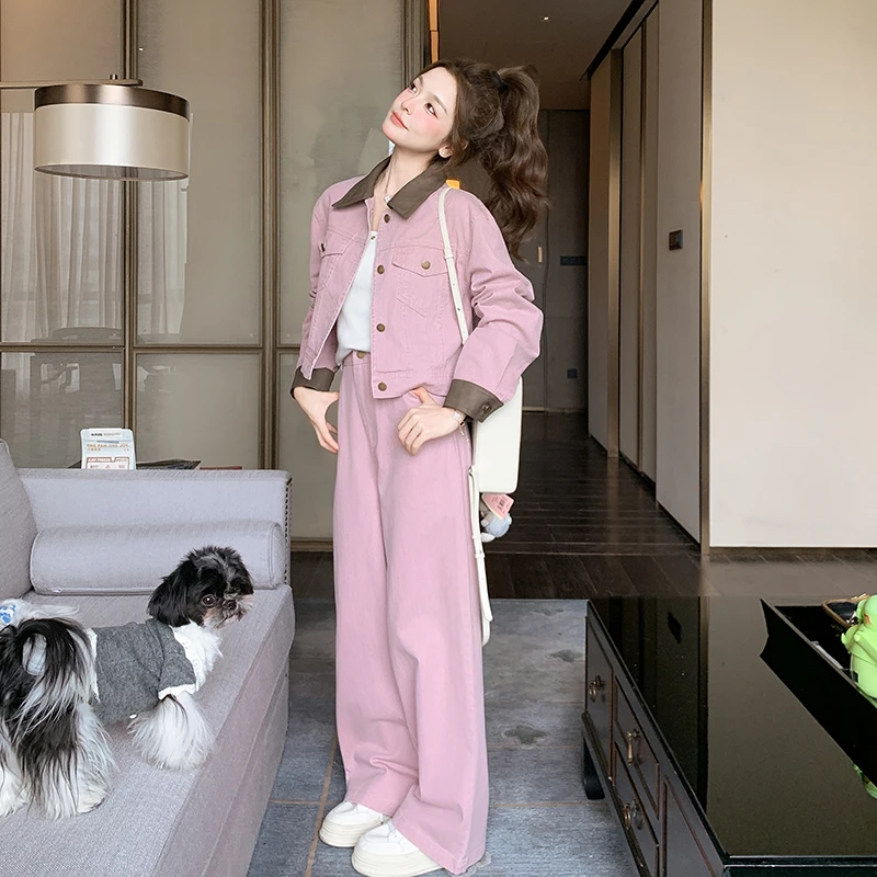 韩系学院风撞色翻领外套女2025春秋新款显瘦阔腿裤夹克上衣两件套